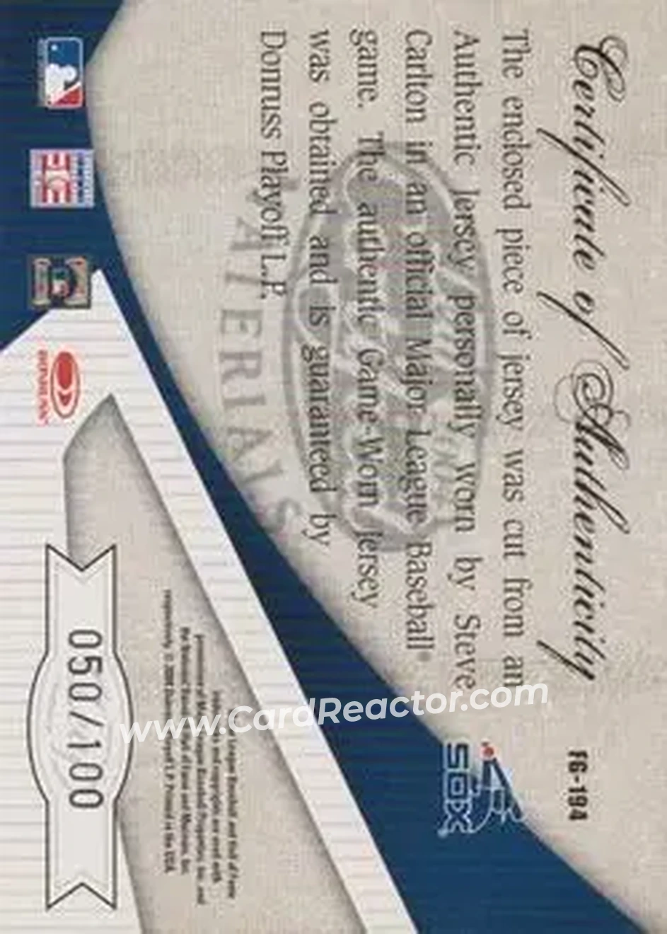 2004 Leaf Certified Materials - Fabric of the Game #FG-194 - Steve Carlton - Chicago White Sox - Back