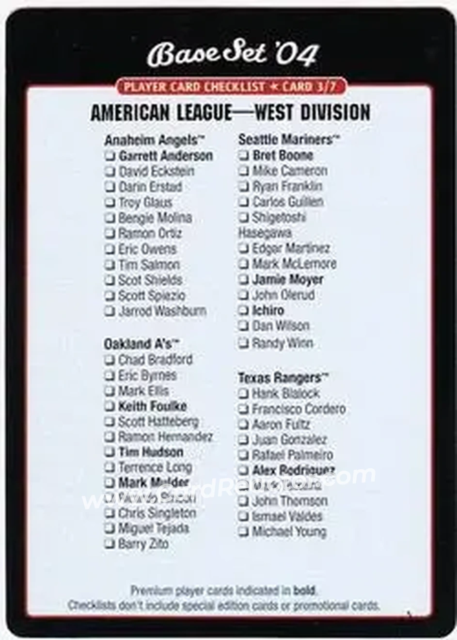 2004 MLB Showdown - Checklists #3 - AL West Division Checklist - Front