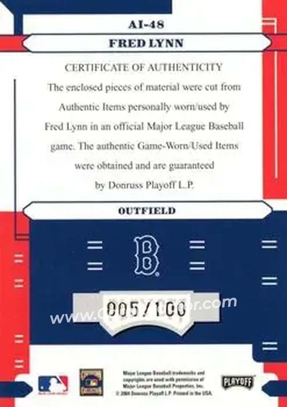 2004 Playoff Absolute Memorabilia - Absolutely Ink Combo Material #AI-48 - Fred Lynn - Boston Red Sox - Back