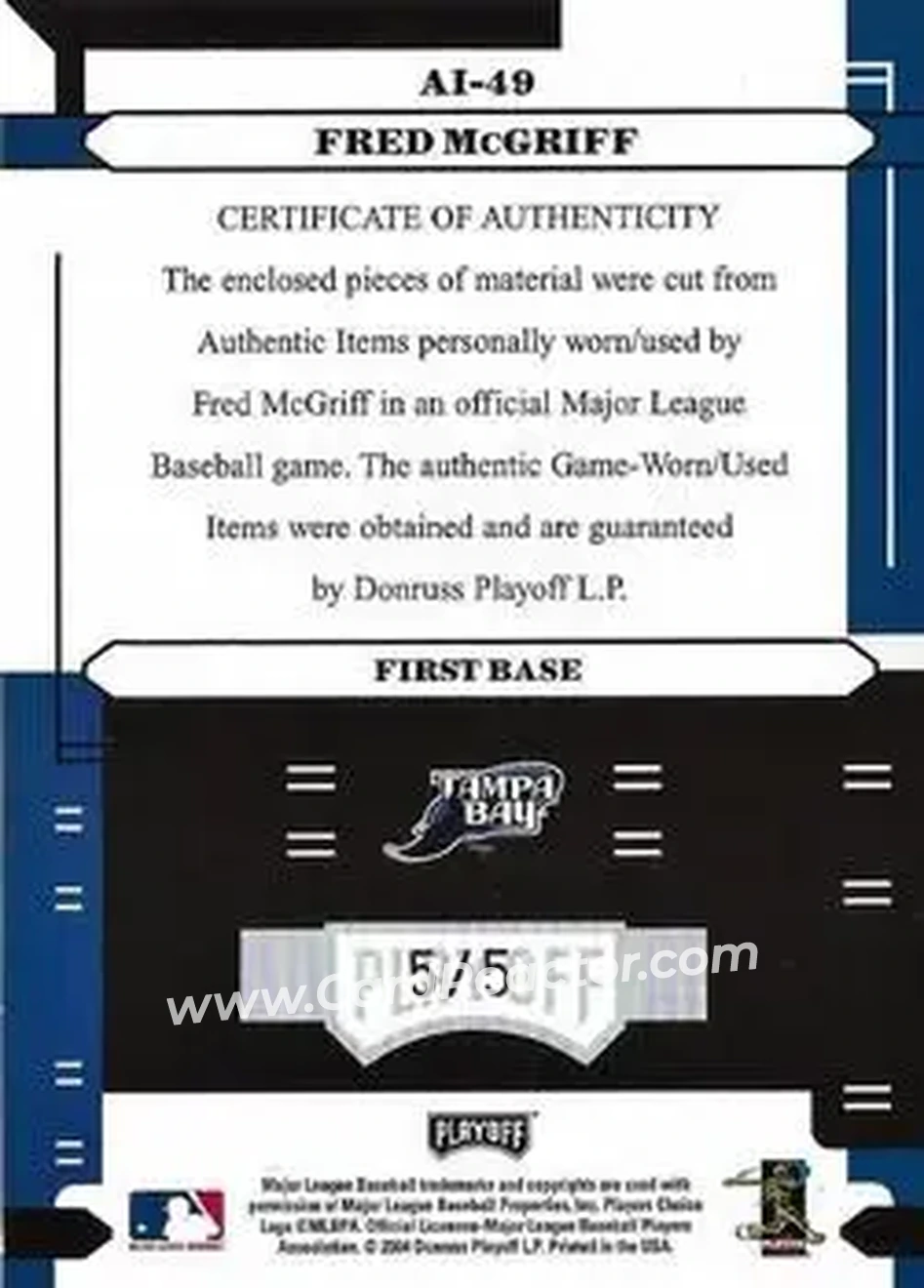 2004 Playoff Absolute Memorabilia - Absolutely Ink Combo Material #AI-49 - Fred McGriff - Tampa Bay Devil Rays - Back