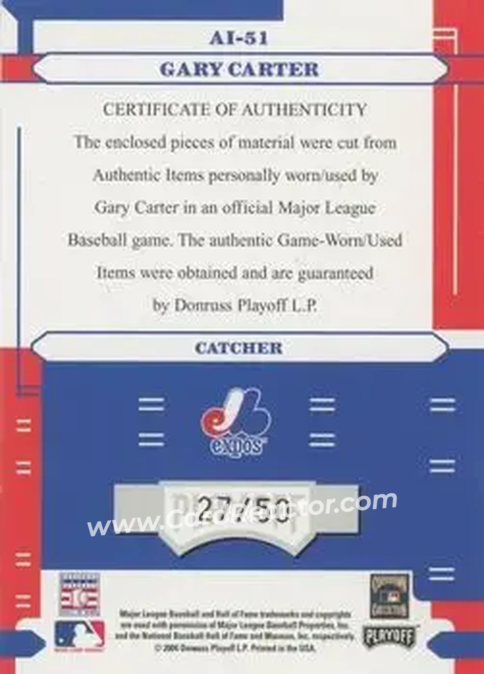 2004 Playoff Absolute Memorabilia - Absolutely Ink Combo Material #AI-51 - Gary Carter - Montreal Expos - Back