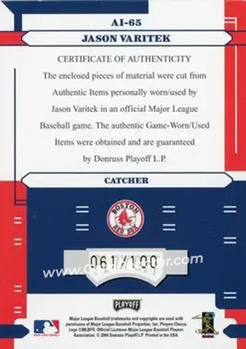 2004 Playoff Absolute Memorabilia - Absolutely Ink Combo Material #AI-65 - Jason Varitek - Boston Red Sox - Back