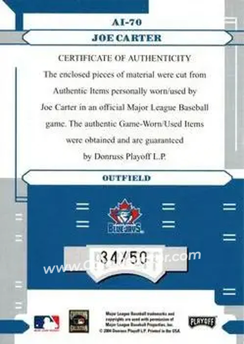 2004 Playoff Absolute Memorabilia - Absolutely Ink Combo Material #AI-70 - Joe Carter - Toronto Blue Jays - Back 2004 Playoff Absolute Memorabilia - Absolutely Ink Combo Material #AI-70 - Joe Carter - Toronto Blue Jays - Back