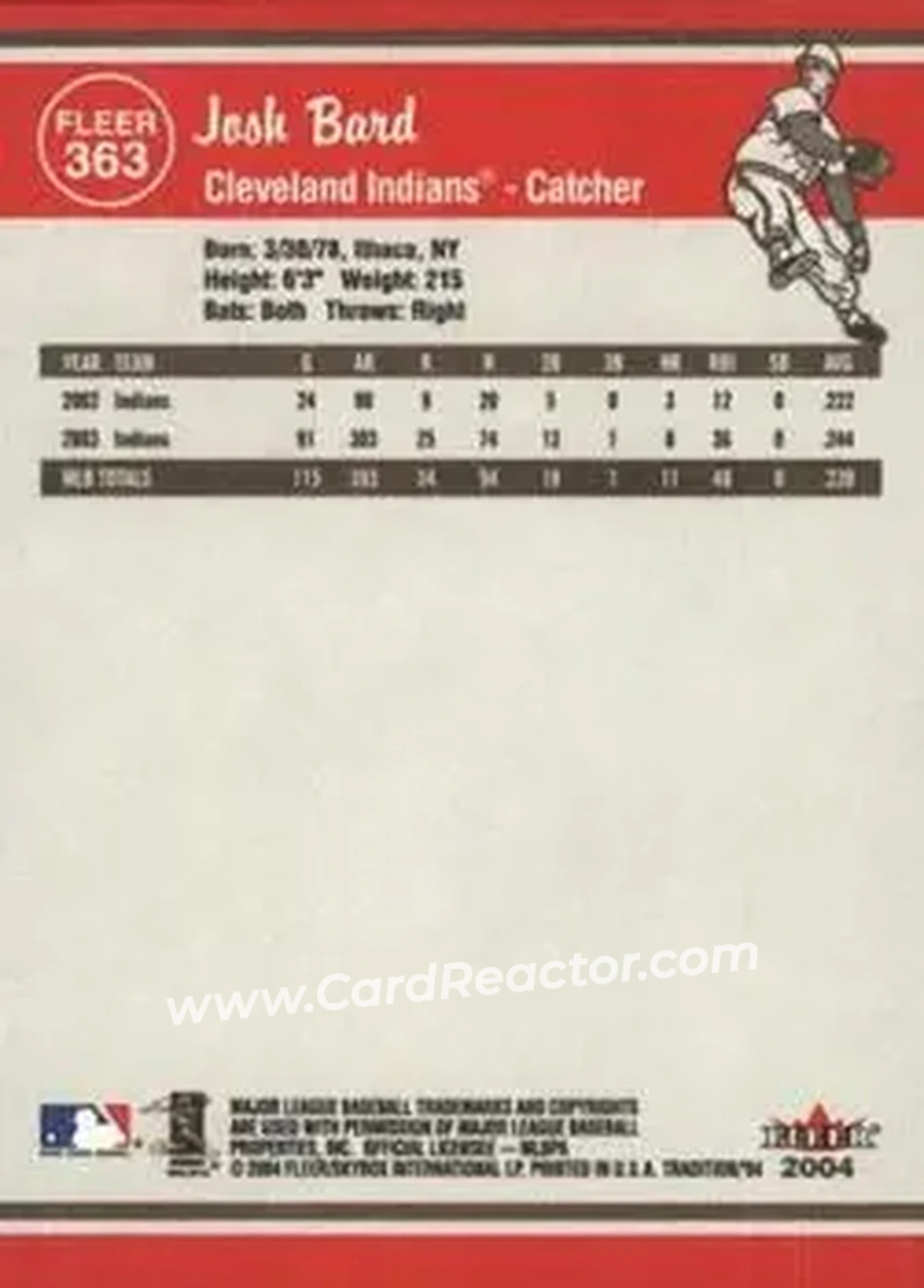 2004 Fleer Tradition #363 - Josh Bard - Cleveland Indians - Back