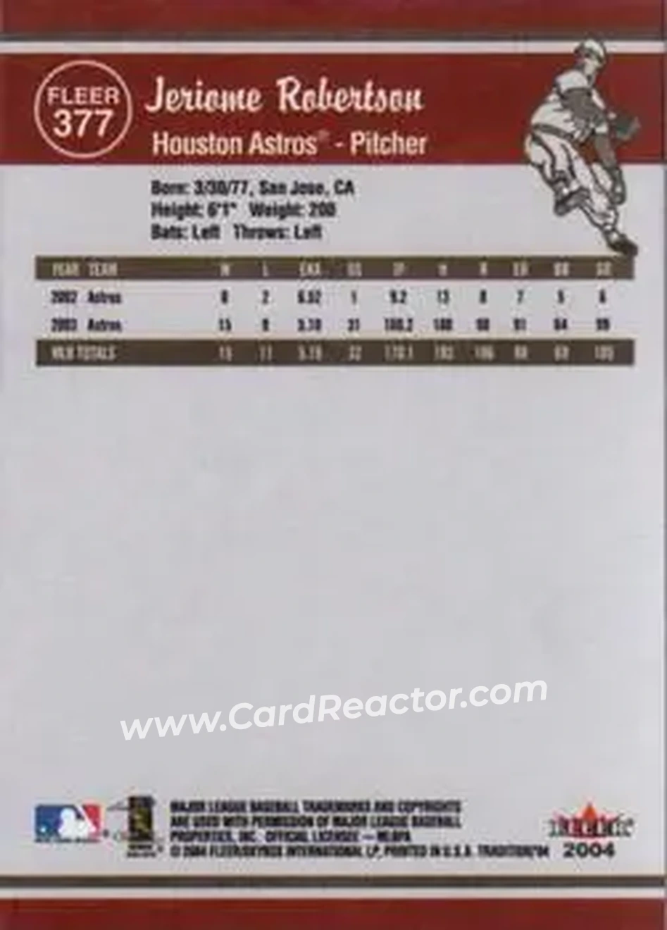 2004 Fleer Tradition #377 - Jeriome Robertson - Houston Astros - Back 2004 Fleer Tradition #377 - Jeriome Robertson - Houston Astros - Back