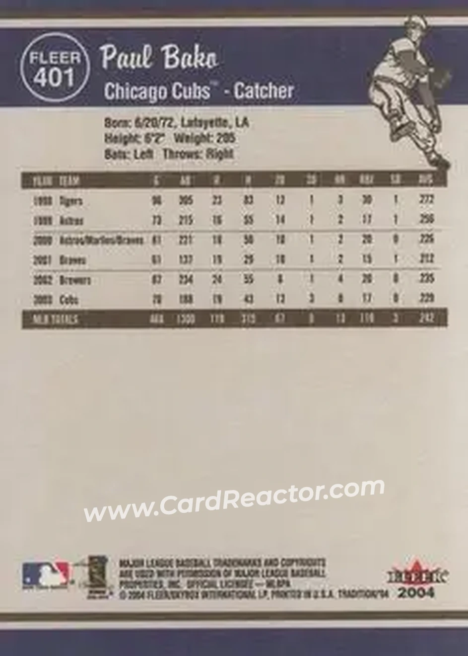 2004 Fleer Tradition #401 - Paul Bako - Chicago Cubs - Back 2004 Fleer Tradition #401 - Paul Bako - Chicago Cubs - Back