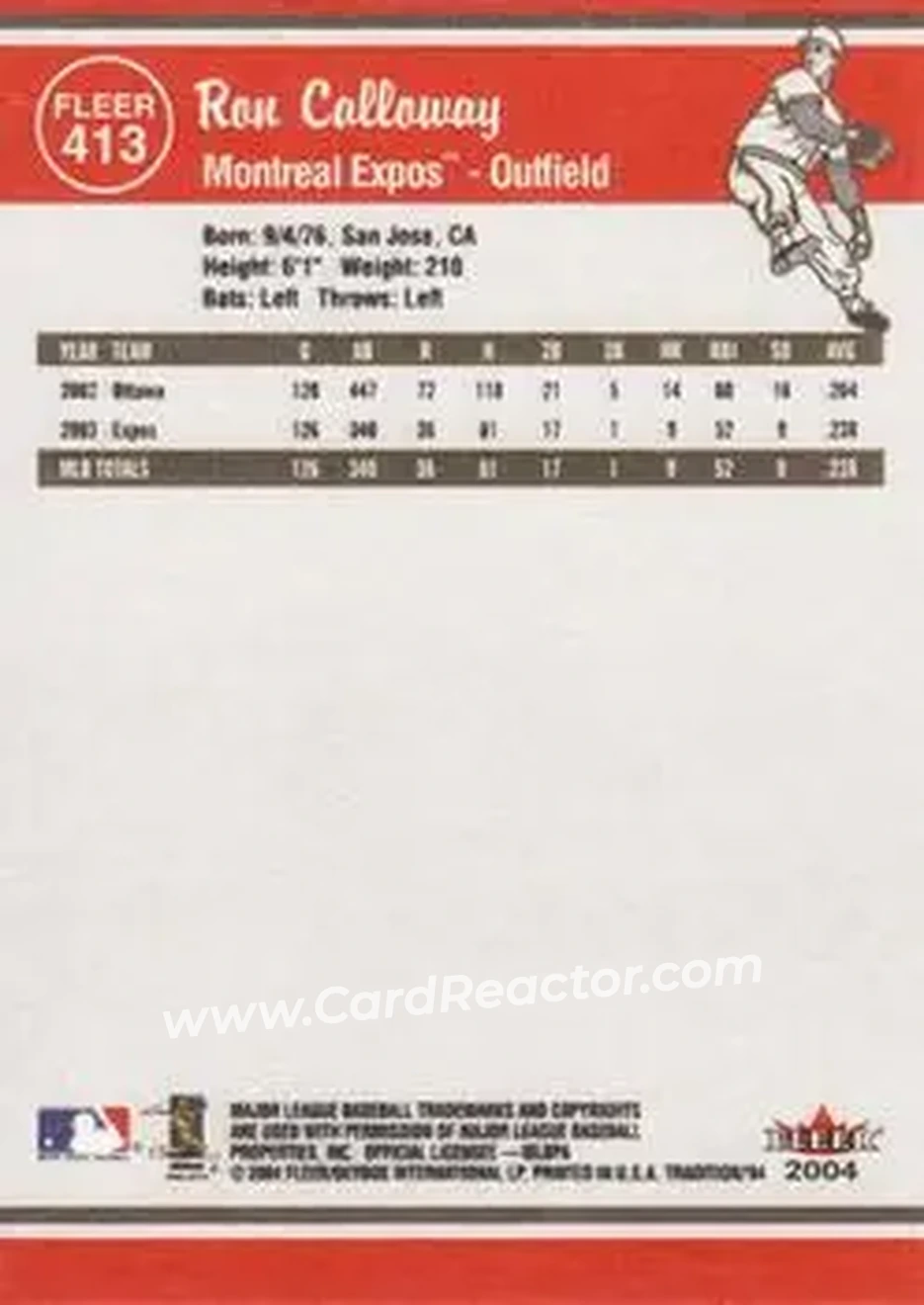 2004 Fleer Tradition #413 - Ron Calloway - Montreal Expos - Back 2004 Fleer Tradition #413 - Ron Calloway - Montreal Expos - Back