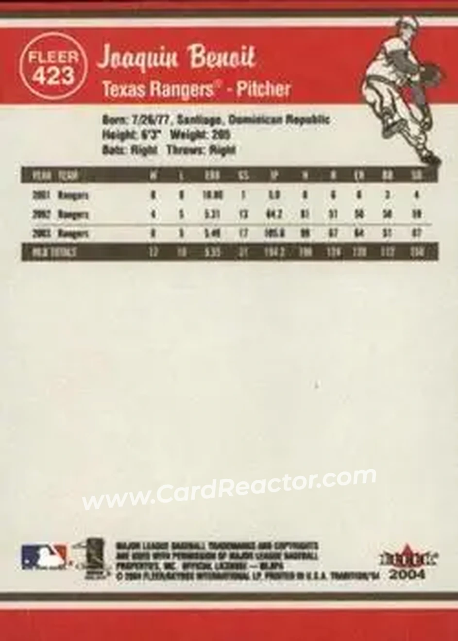 2004 Fleer Tradition #423 - Joaquin Benoit - Texas Rangers - Back
