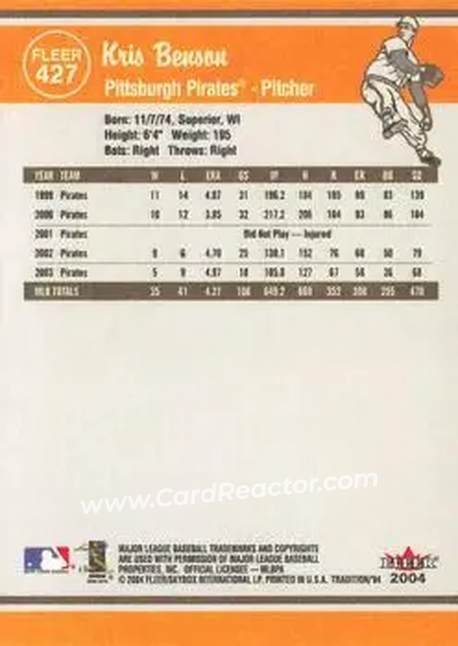 2004 Fleer Tradition #427 - Kris Benson - Pittsburgh Pirates - Back 2004 Fleer Tradition #427 - Kris Benson - Pittsburgh Pirates - Back