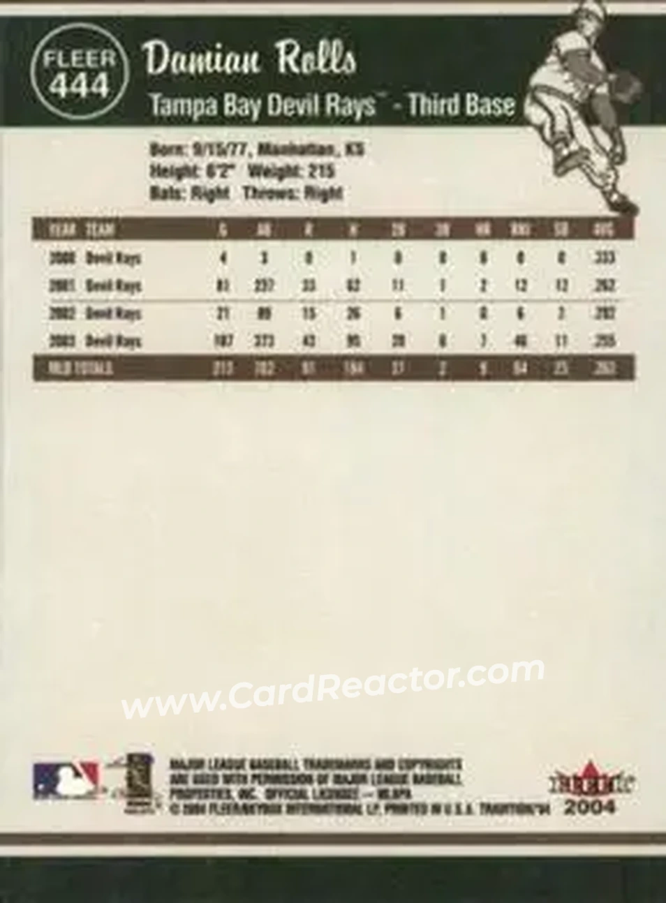2004 Fleer Tradition #444 - Damian Rolls - Tampa Bay Devil Rays - Back