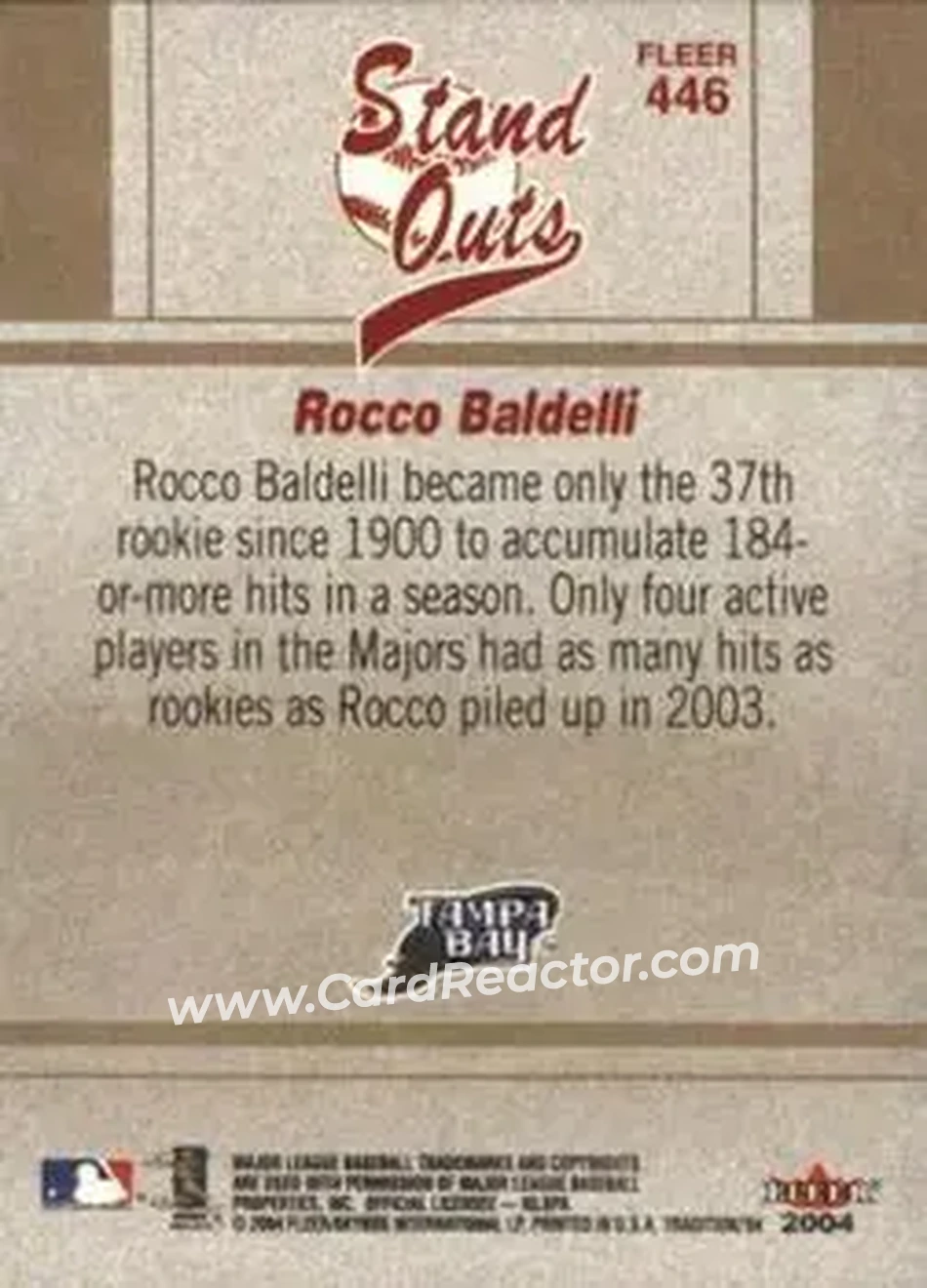 2004 Fleer Tradition #446 - Rocco Baldelli - Tampa Bay Devil Rays - Back
