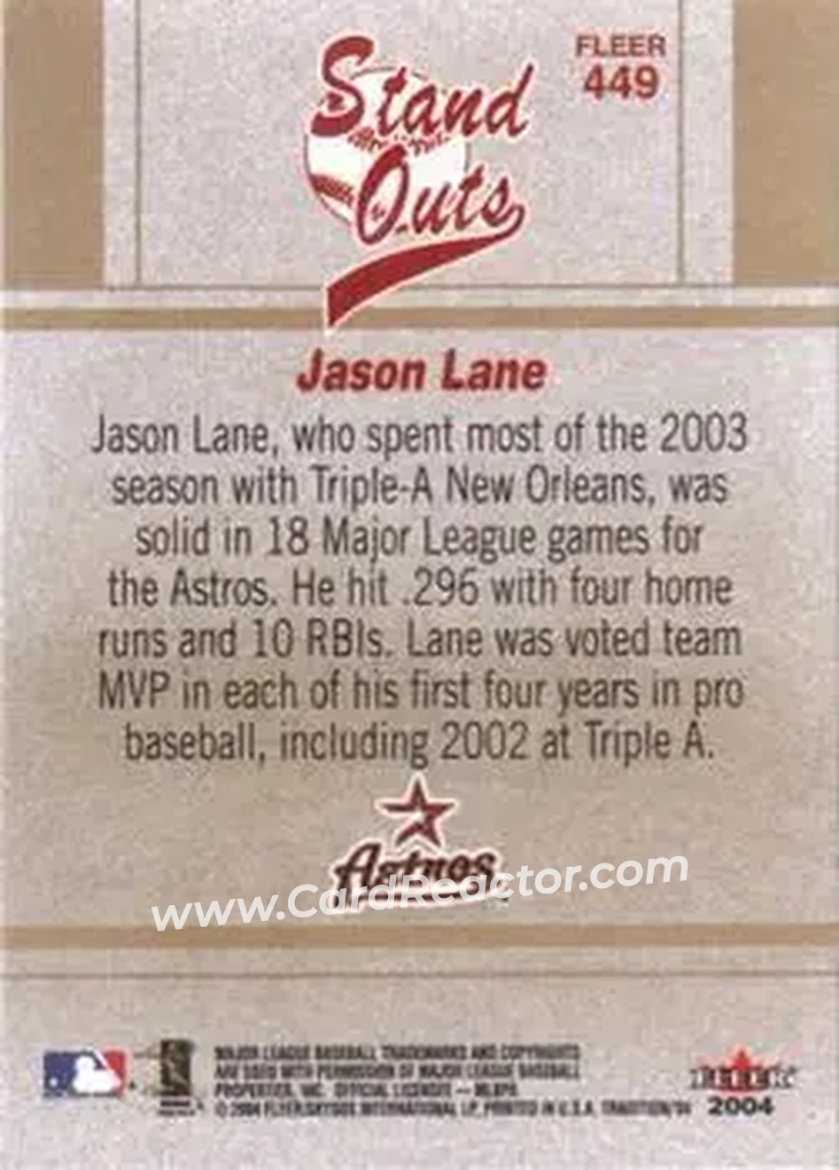 2004 Fleer Tradition #449 - Jason Lane - Houston Astros - Back 2004 Fleer Tradition #449 - Jason Lane - Houston Astros - Back