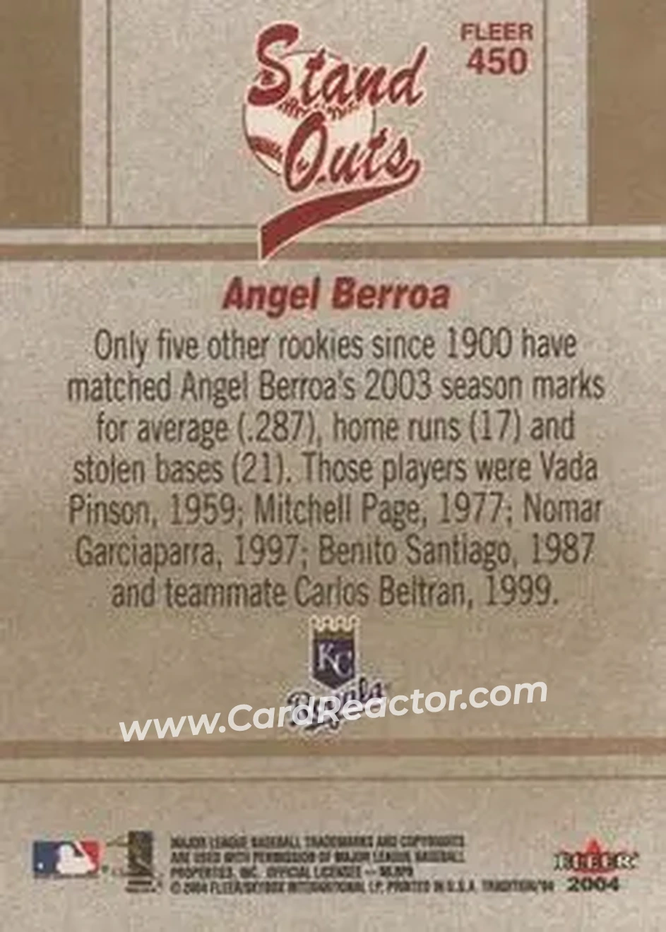 2004 Fleer Tradition #450 - Angel Berroa - Kansas City Royals - Back