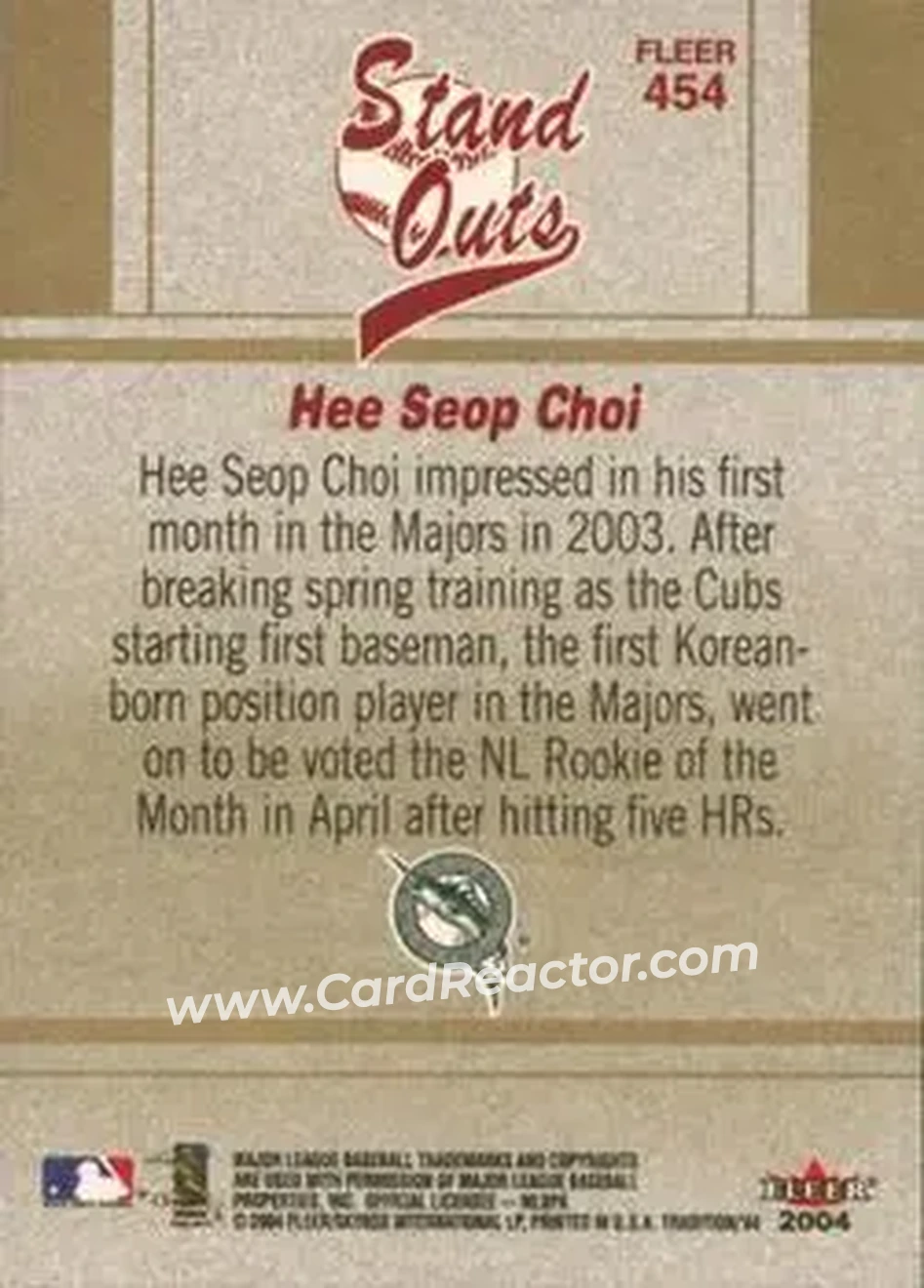 2004 Fleer Tradition #454 - Hee Seop Choi - Florida Marlins - Back
