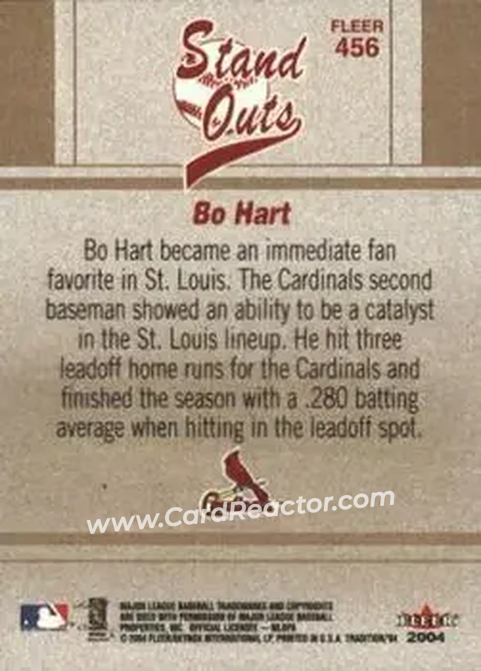 2004 Fleer Tradition #456 - Bo Hart - St. Louis Cardinals - Back