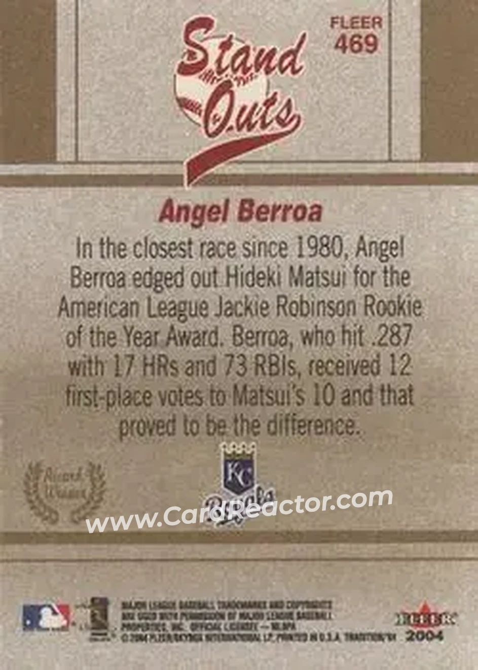 2004 Fleer Tradition #469 - Angel Berroa - Kansas City Royals - Back