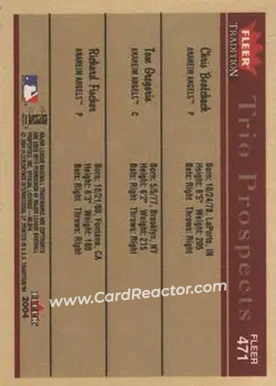 2004 Fleer Tradition #471 - Chris Bootcheck - Tom Gregorio - Richard Fischer - Anaheim Angels - Back