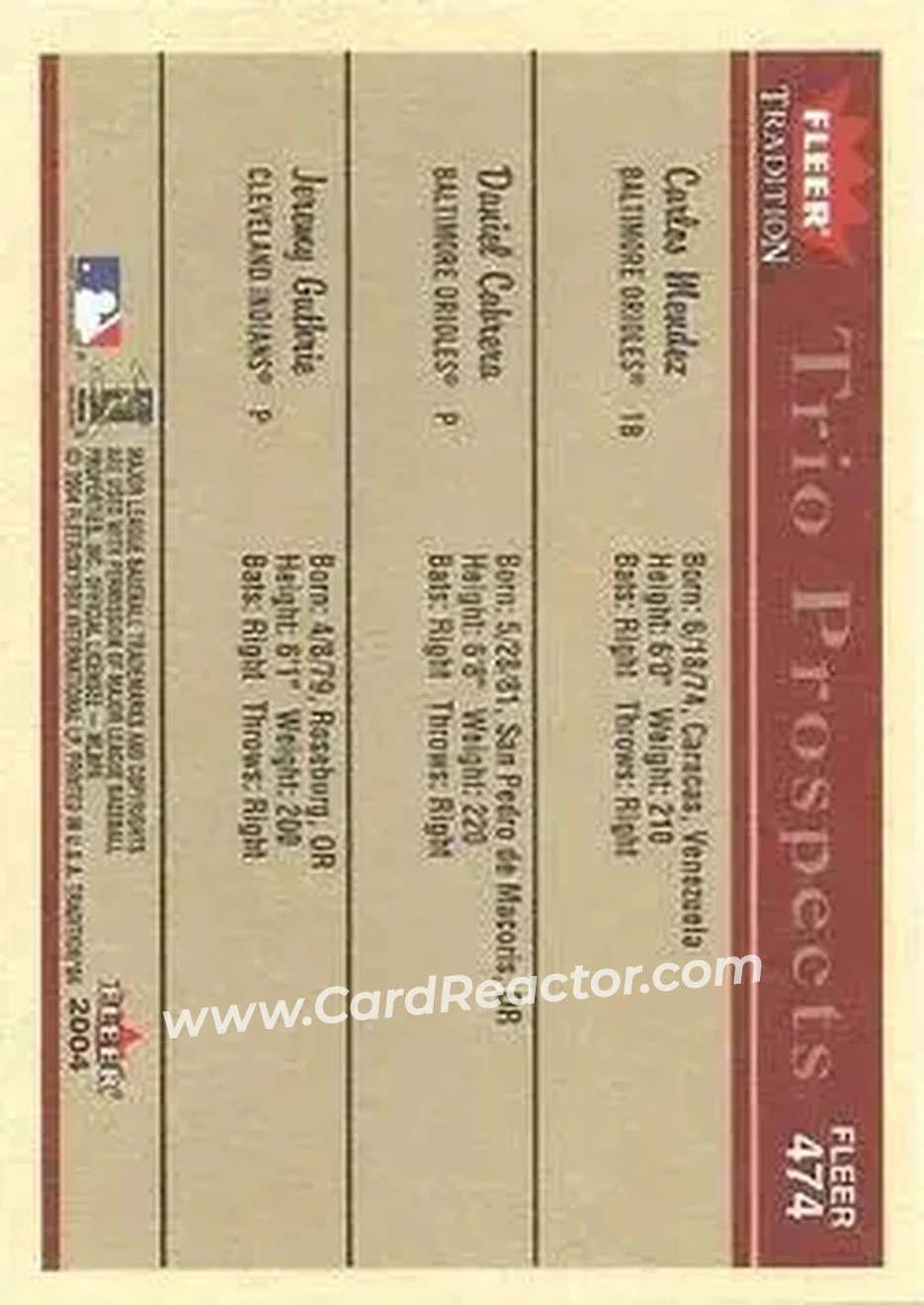 2004 Fleer Tradition #474 - Carlos Mendez - Daniel Cabrera - Jeremy Guthrie - Back