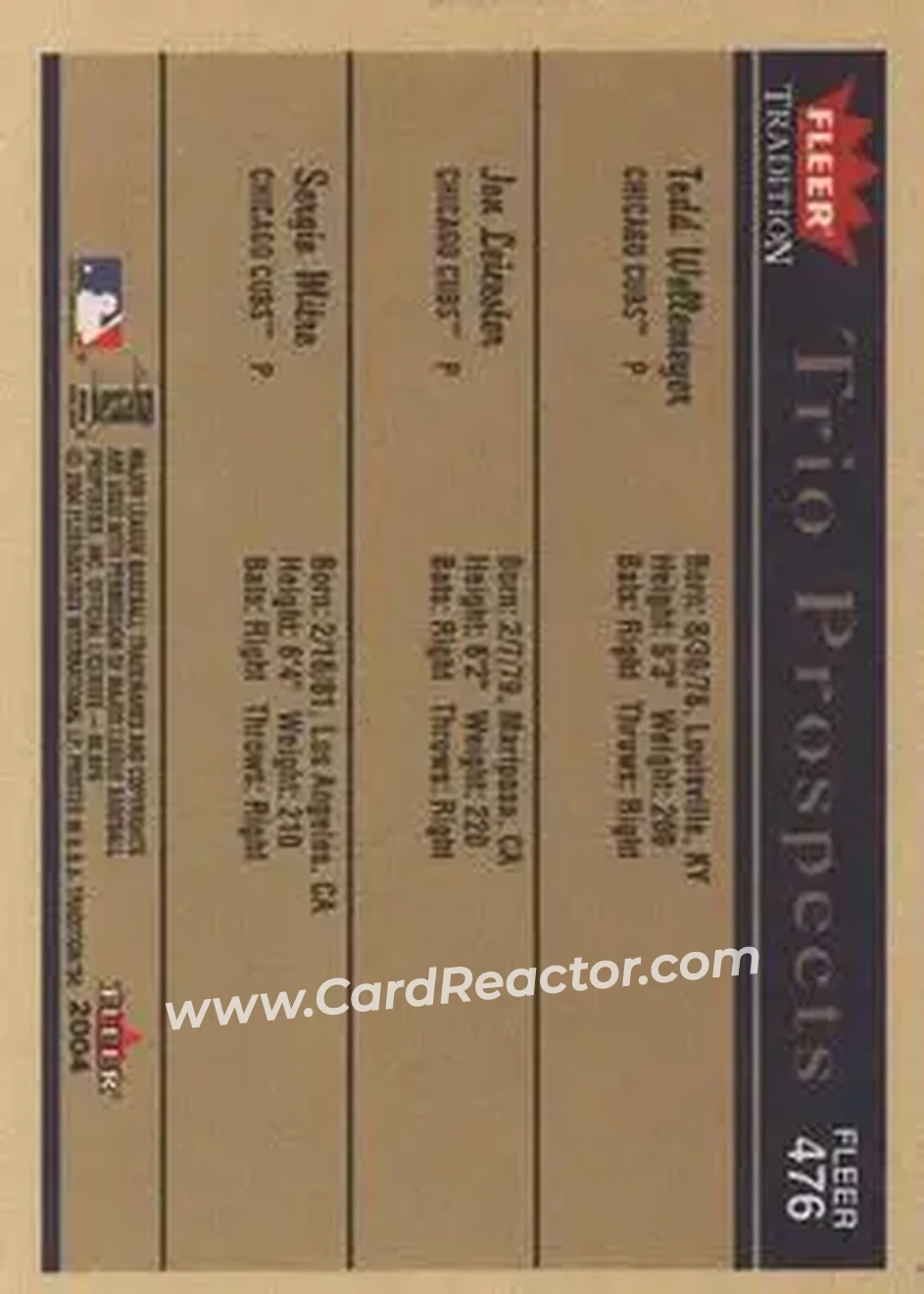 2004 Fleer Tradition #476 - Todd Wellemeyer - Jon Leicester - Sergio Mitre - Chicago Cubs - Back