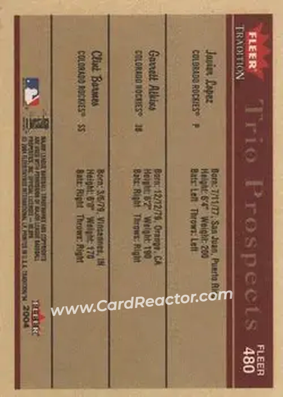 2004 Fleer Tradition #480 - Javier Lopez - Garrett Atkins - Clint Barmes - Colorado Rockies - Back