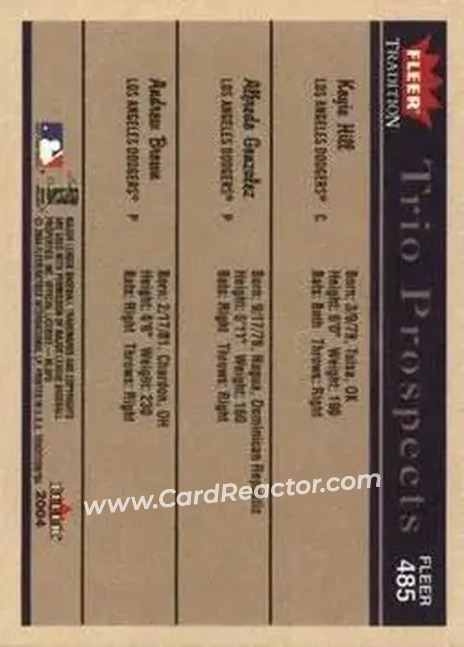 2004 Fleer Tradition #485 - Koyie Hill - Alfredo Gonzalez - Andrew Brown - Los Angeles Dodgers - Back 2004 Fleer Tradition #485 - Koyie Hill - Alfredo Gonzalez - Andrew Brown - Los Angeles Dodgers - Back