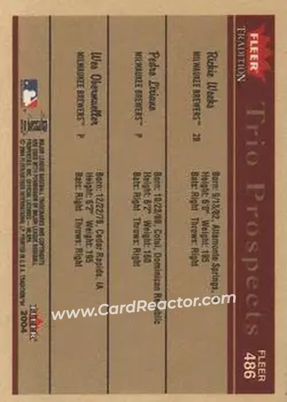 2004 Fleer Tradition #486 - Rickie Weeks - Pedro Liriano - Wes Obermueller - Milwaukee Brewers - Back
