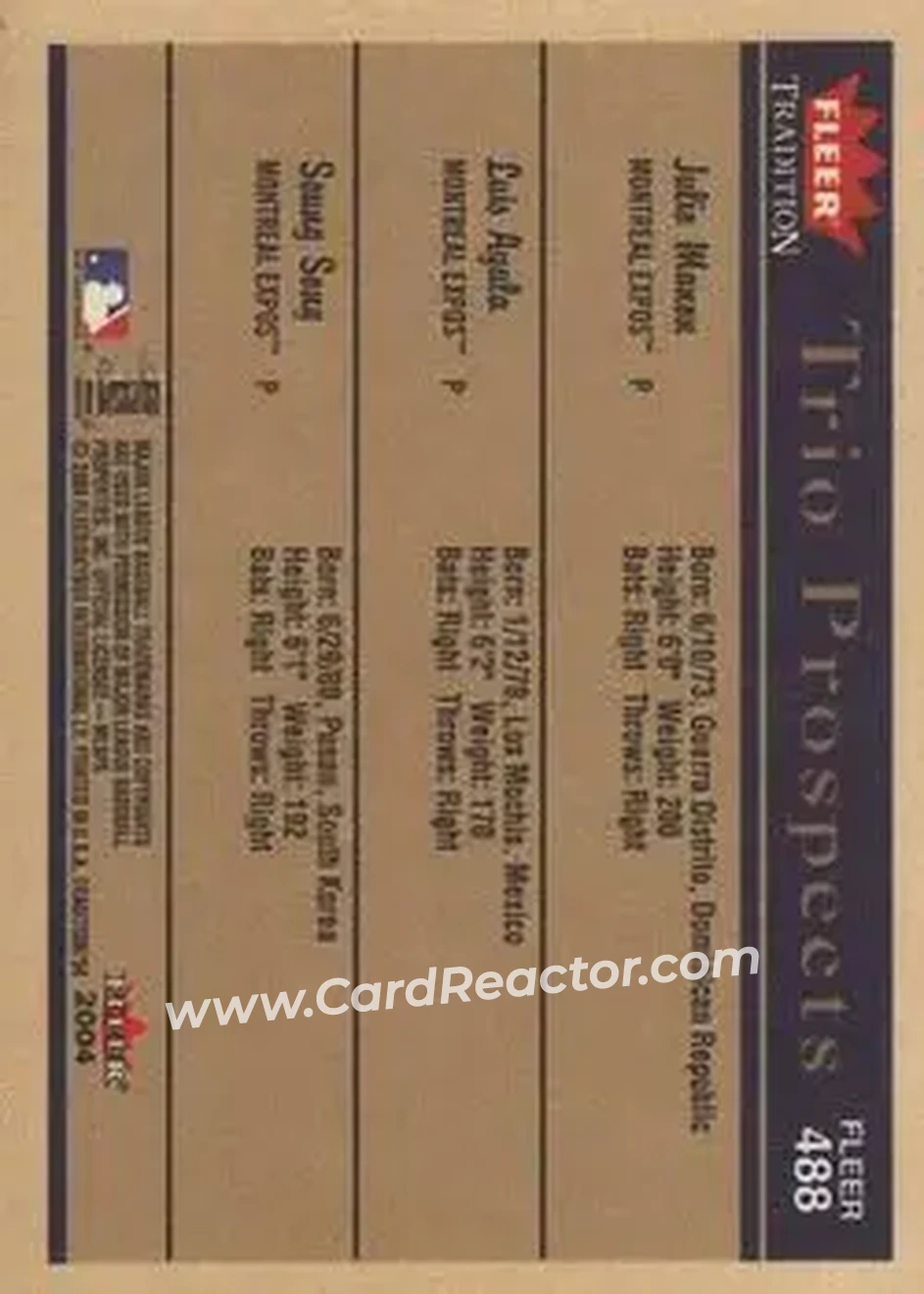 2004 Fleer Tradition #488 - Julio Manon - Luis Ayala - Seung Song - Montreal Expos - Back