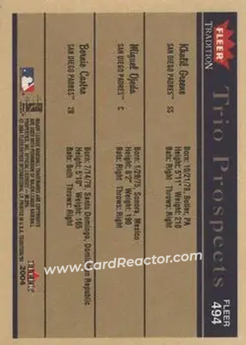 2004 Fleer Tradition #494 - Khalil Greene - Miguel Ojeda - Bernie Castro - San Diego Padres - Back