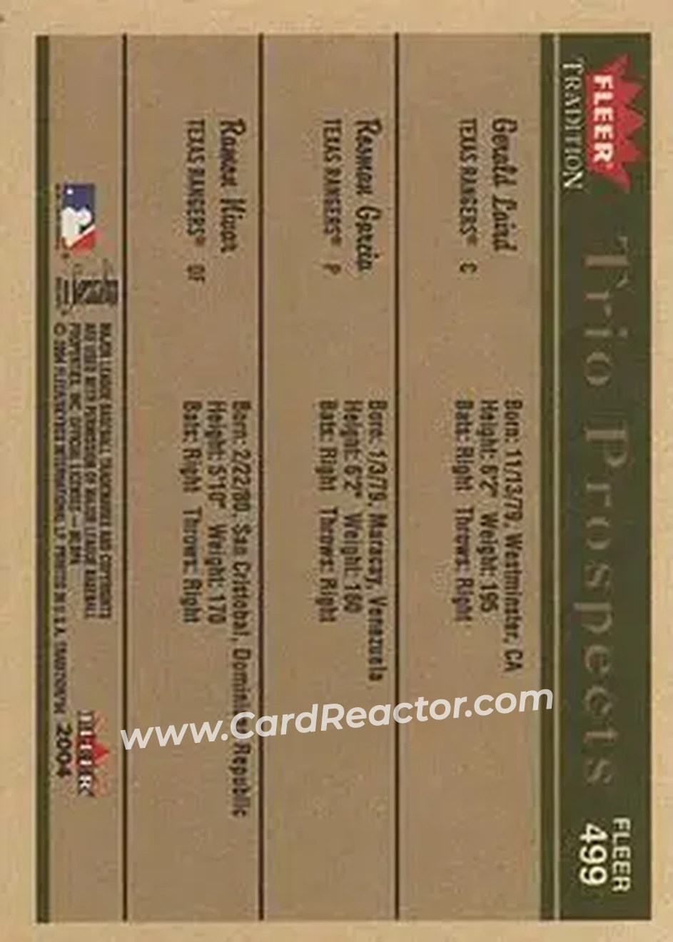 2004 Fleer Tradition #499 - Gerald Laird - Rosman Garcia - Ramon Nivar - Texas Rangers - Back