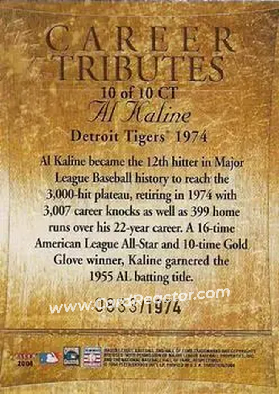 2004 Fleer Tradition - Career Tributes #10 CT - Al Kaline - Detroit Tigers - Back