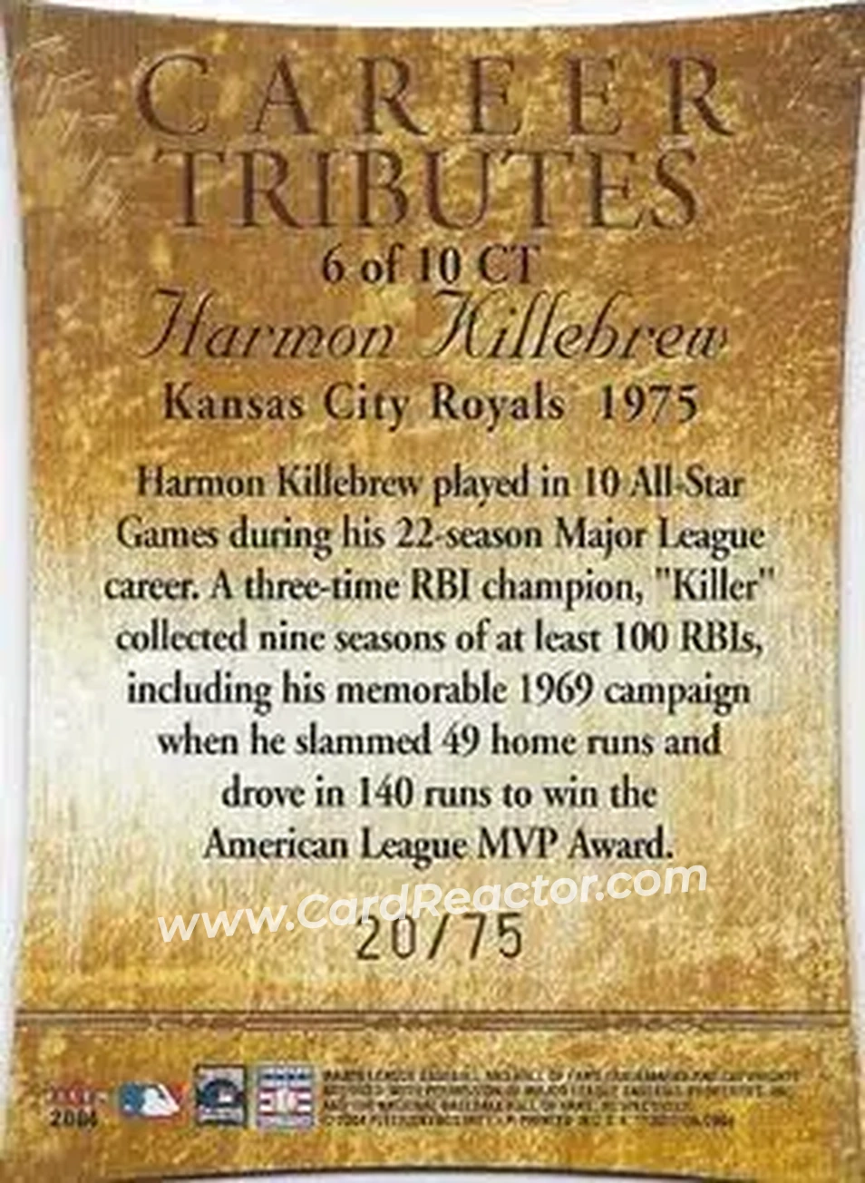 2004 Fleer Tradition - Career Tributes Die Cut #6CT - Harmon Killebrew - Kansas City Royals - Back