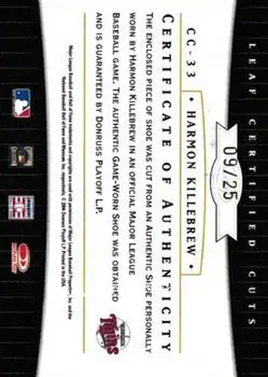 2004 Leaf Certified Cuts - Check Signature Material Red #CC-33 - Harmon Killebrew - Minnesota Twins - Back
