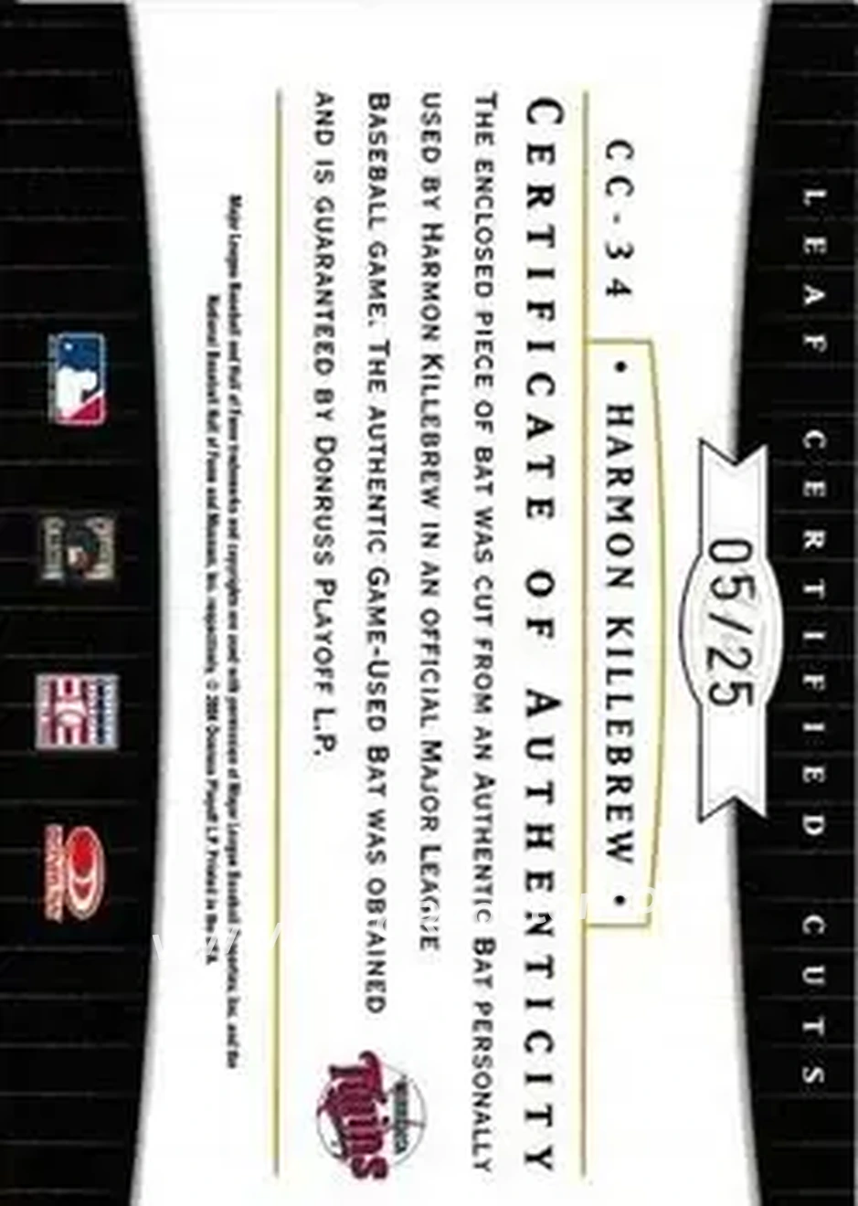 2004 Leaf Certified Cuts - Check Signature Material Red #CC-34 - Harmon Killebrew - Minnesota Twins - Back