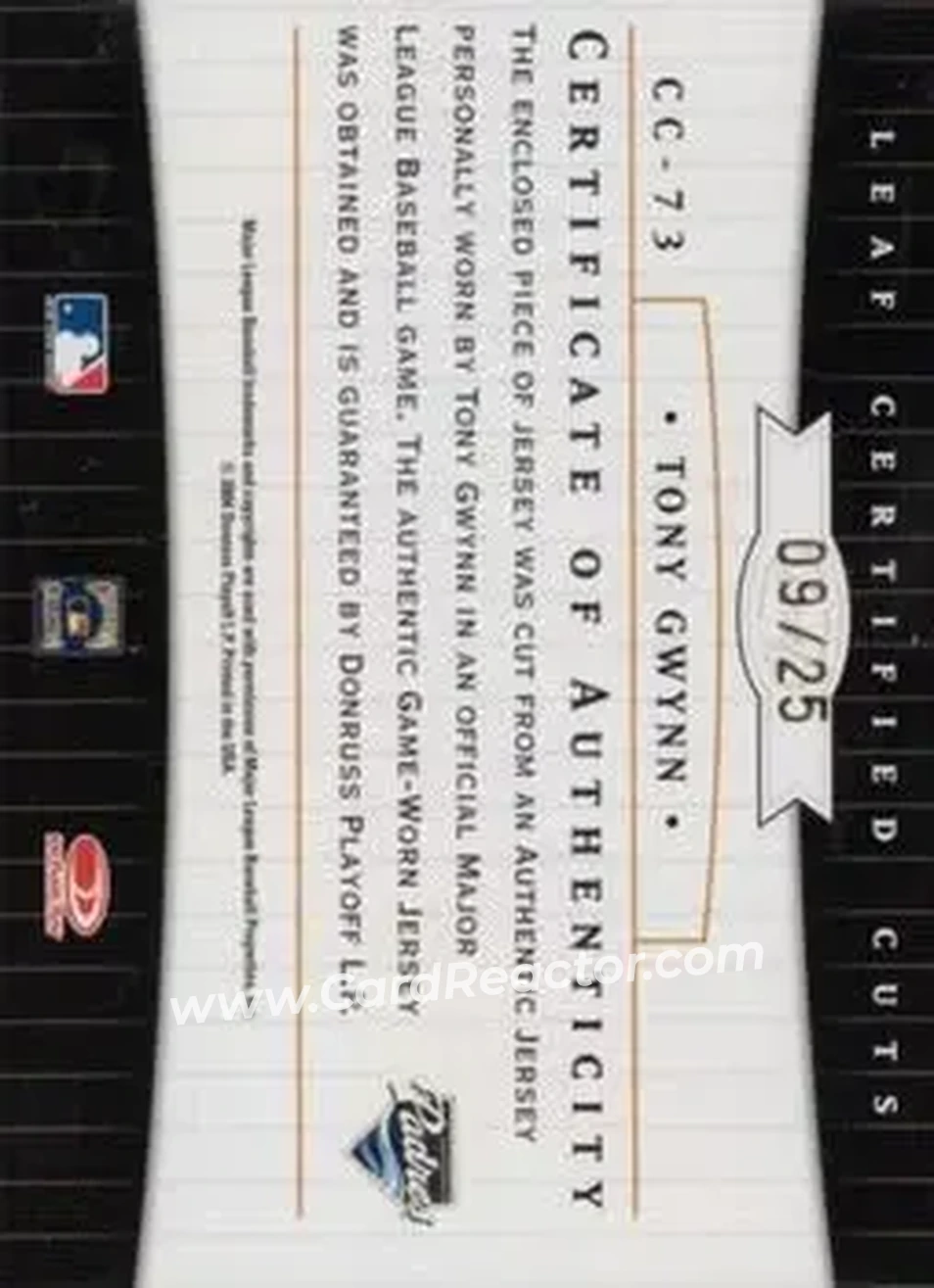 2004 Leaf Certified Cuts - Check Signature Material Red #CC-73 - Tony Gwynn - San Diego Padres - Back 2004 Leaf Certified Cuts - Check Signature Material Red #CC-73 - Tony Gwynn - San Diego Padres - Back