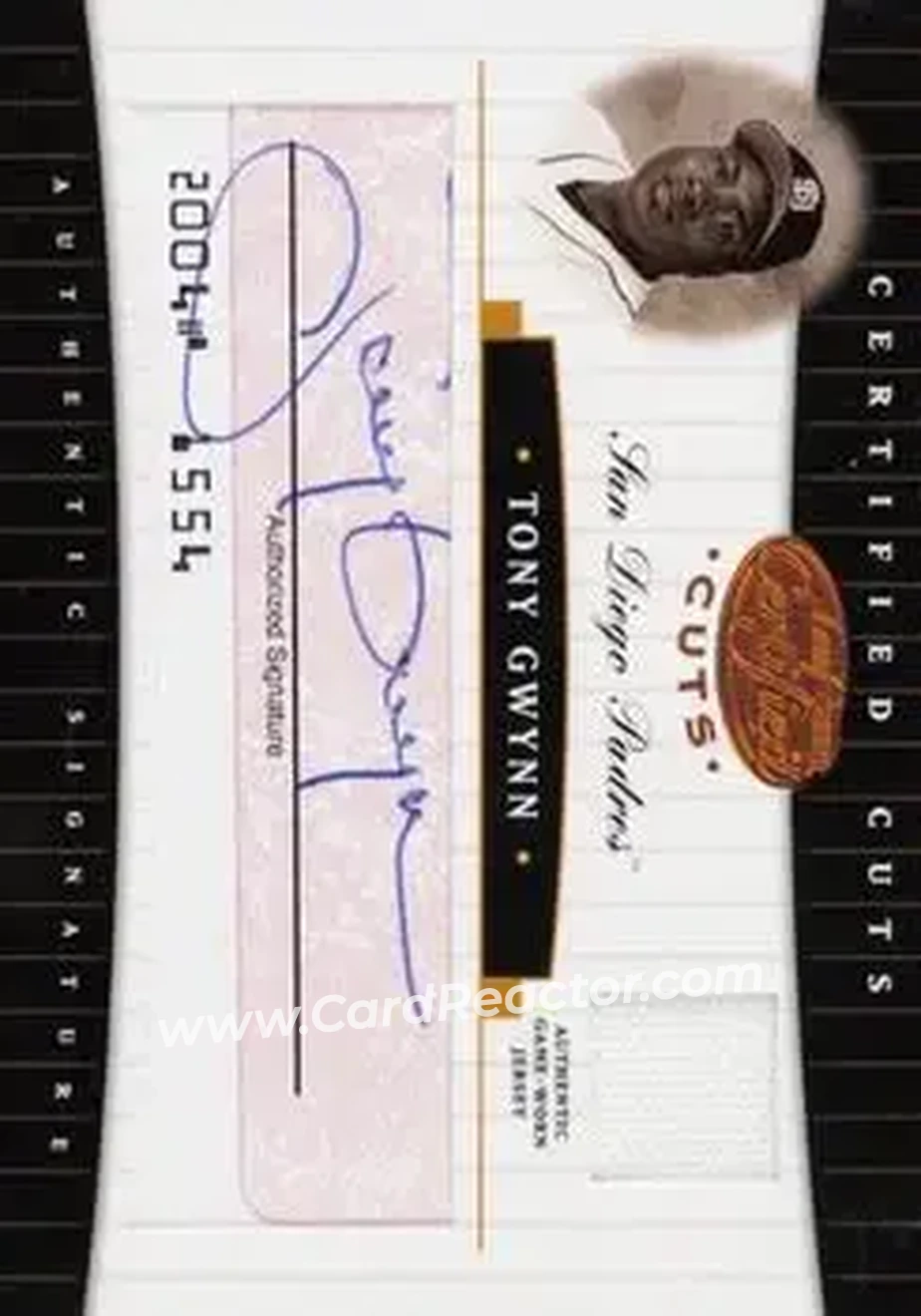 2004 Leaf Certified Cuts - Check Signature Material Red #CC-73 - Tony Gwynn - San Diego Padres - Front 2004 Leaf Certified Cuts - Check Signature Material Red #CC-73 - Tony Gwynn - San Diego Padres - Front
