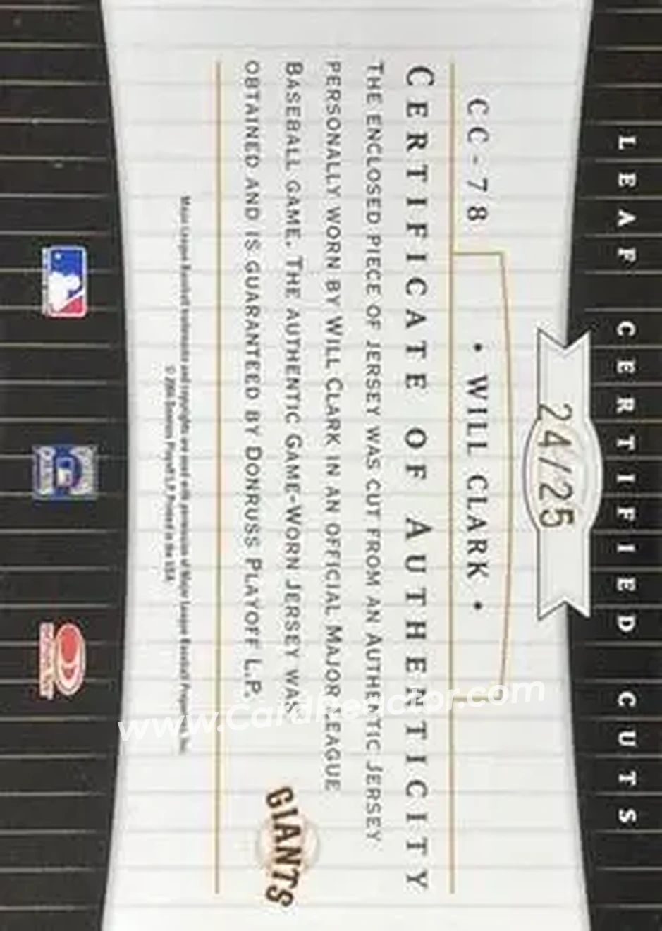 2004 Leaf Certified Cuts - Check Signature Material Red #CC-78 - Will Clark - San Francisco Giants - Back