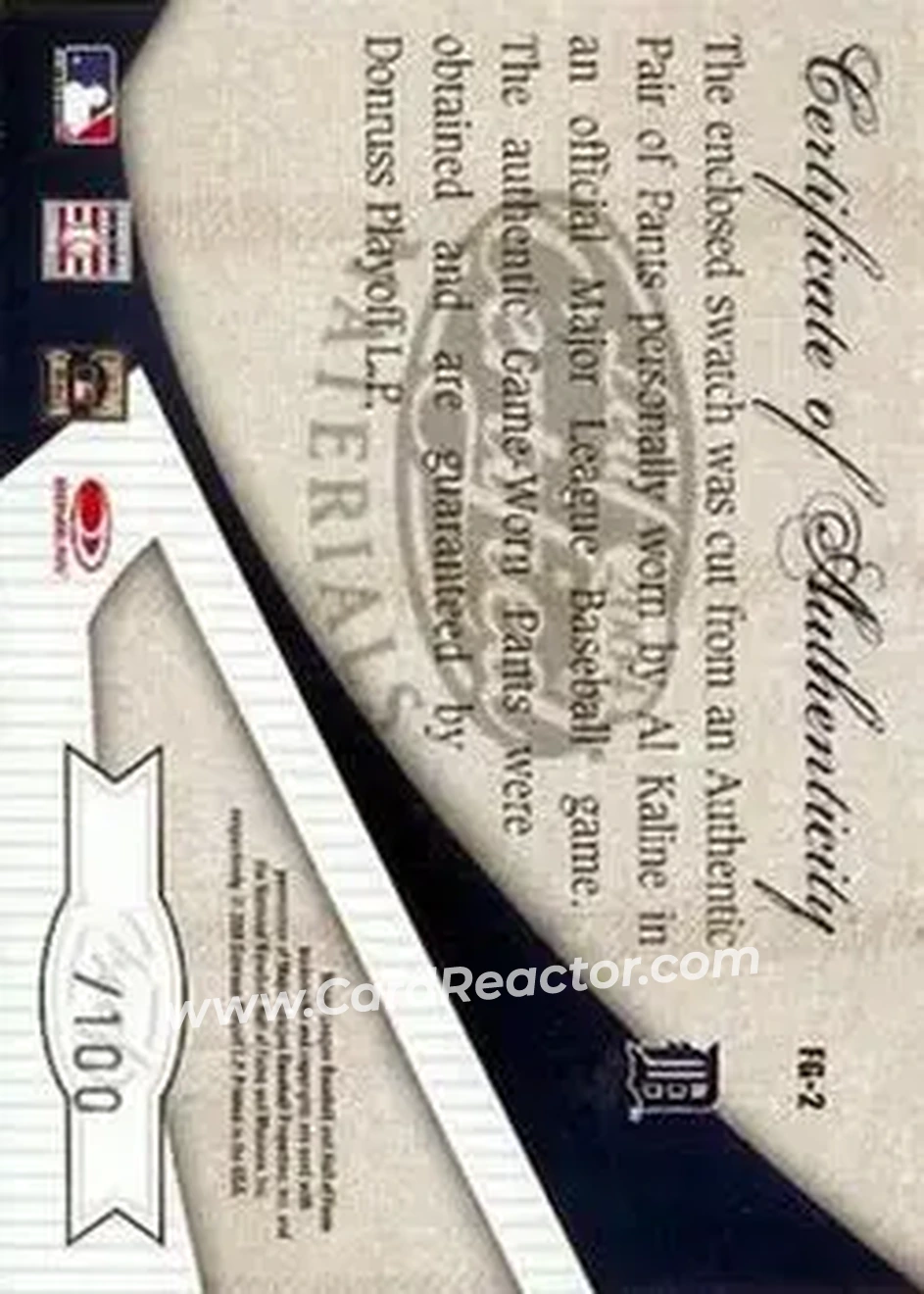 2004 Leaf Certified Materials - Fabric of the Game AL/NL #FG-2 - Al Kaline - Detroit Tigers - Back