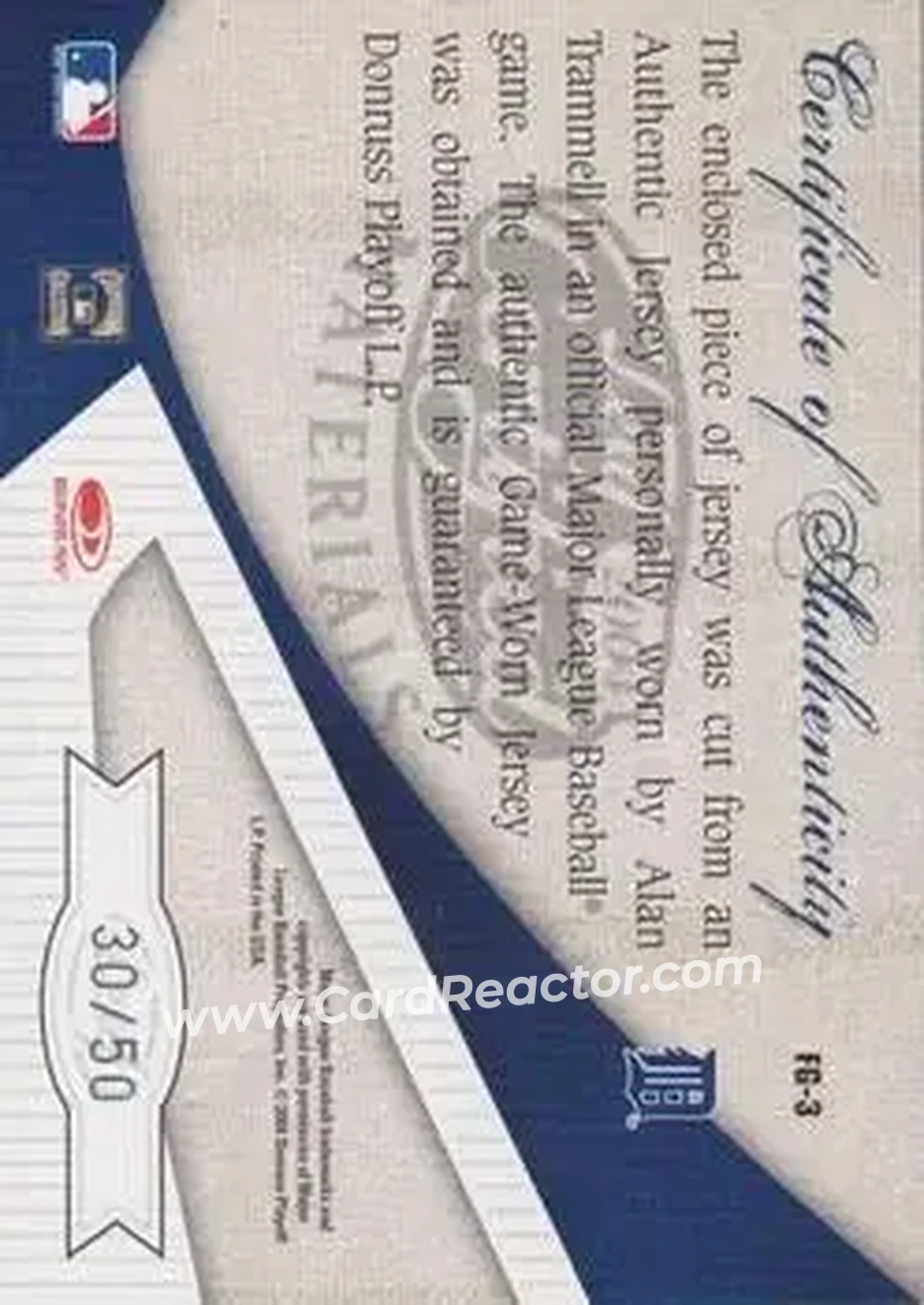 2004 Leaf Certified Materials - Fabric of the Game AL/NL #FG-3 - Alan Trammell - Detroit Tigers - Back