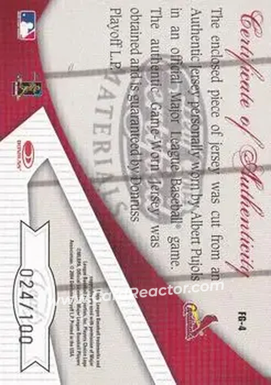 2004 Leaf Certified Materials - Fabric of the Game AL/NL #FG-4 - Albert Pujols - St. Louis Cardinals - Back
