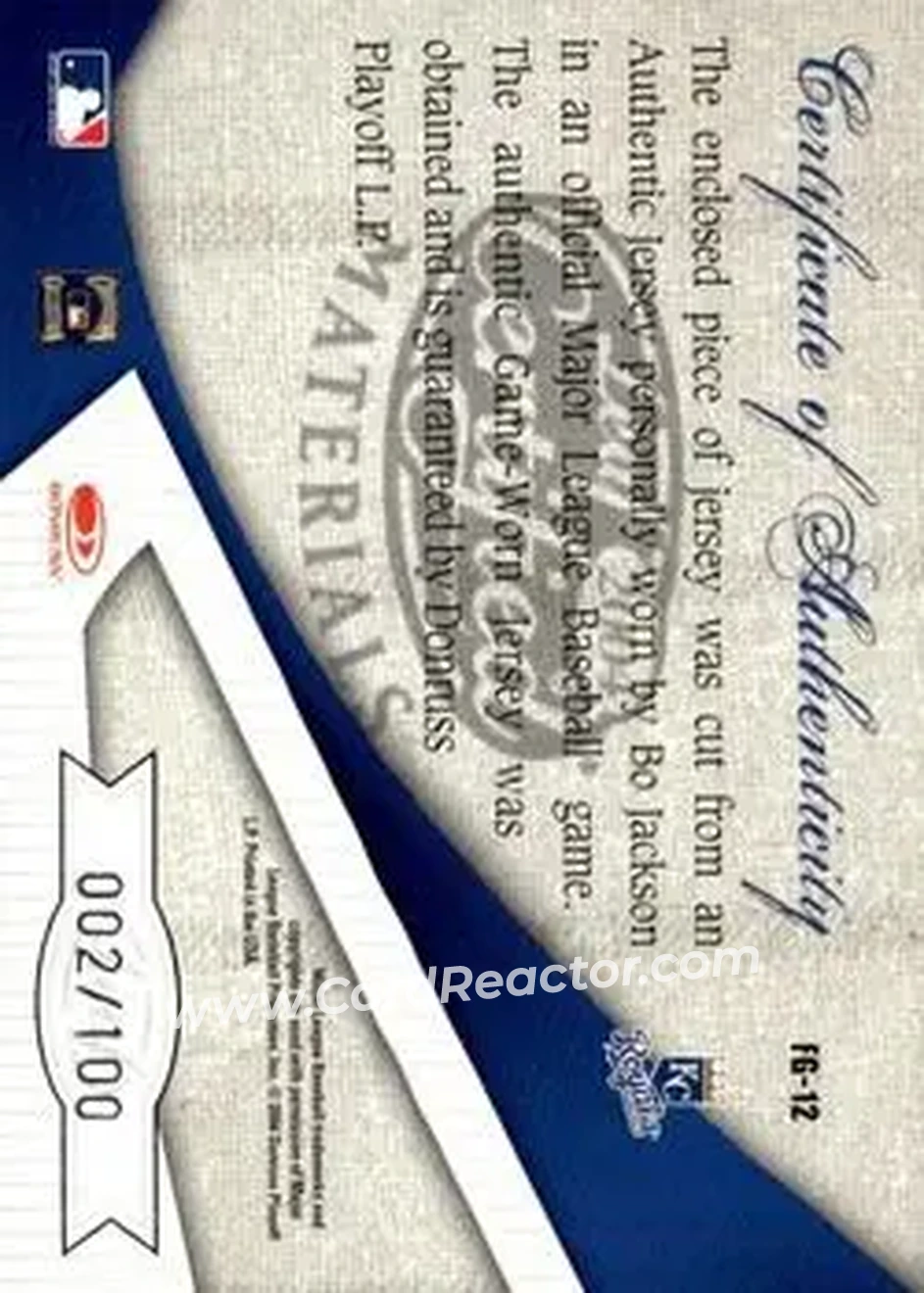 2004 Leaf Certified Materials - Fabric of the Game AL/NL #FG-12 - Bo Jackson - Kansas City Royals - Back