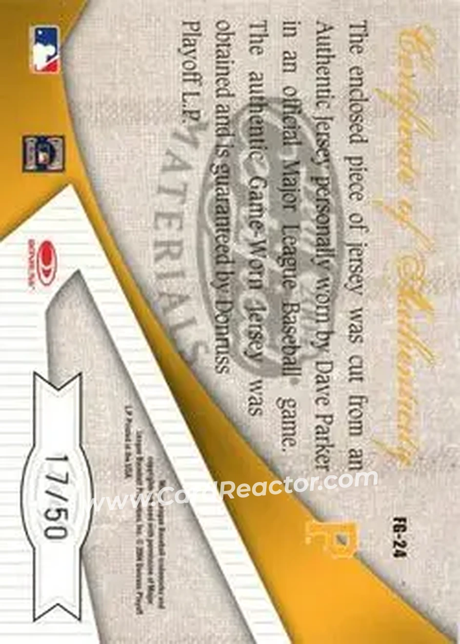 2004 Leaf Certified Materials - Fabric of the Game AL/NL #FG-24 - Dave Parker - Pittsburgh Pirates - Back
