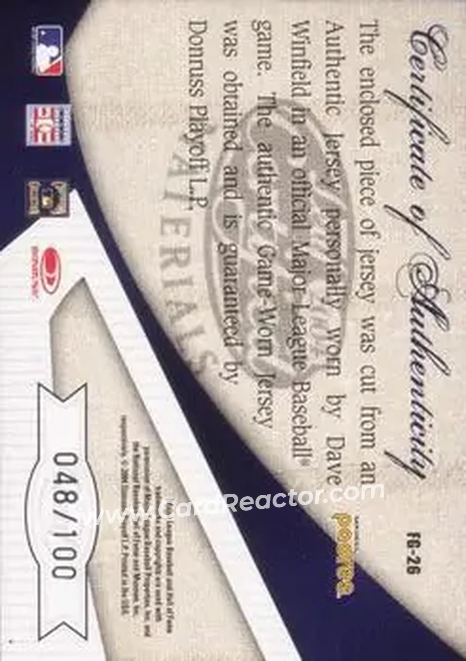 2004 Leaf Certified Materials - Fabric of the Game AL/NL #FG-26 - Dave Winfield - San Diego Padres - Back
