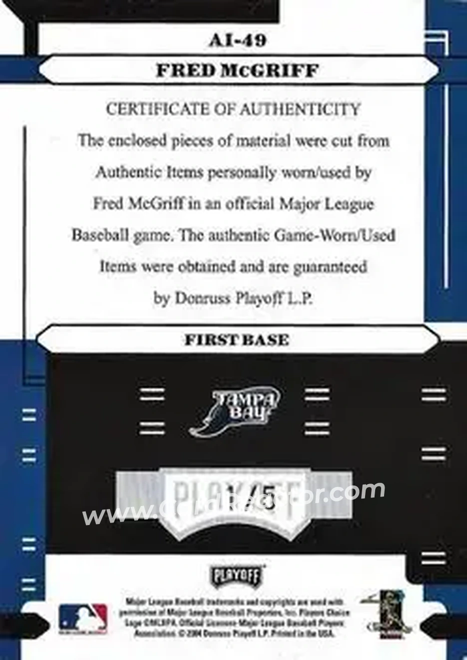 2004 Playoff Absolute Memorabilia - Absolutely Ink Combo Material PS #AI-49 - Fred McGriff - Tampa Bay Devil Rays - Back
