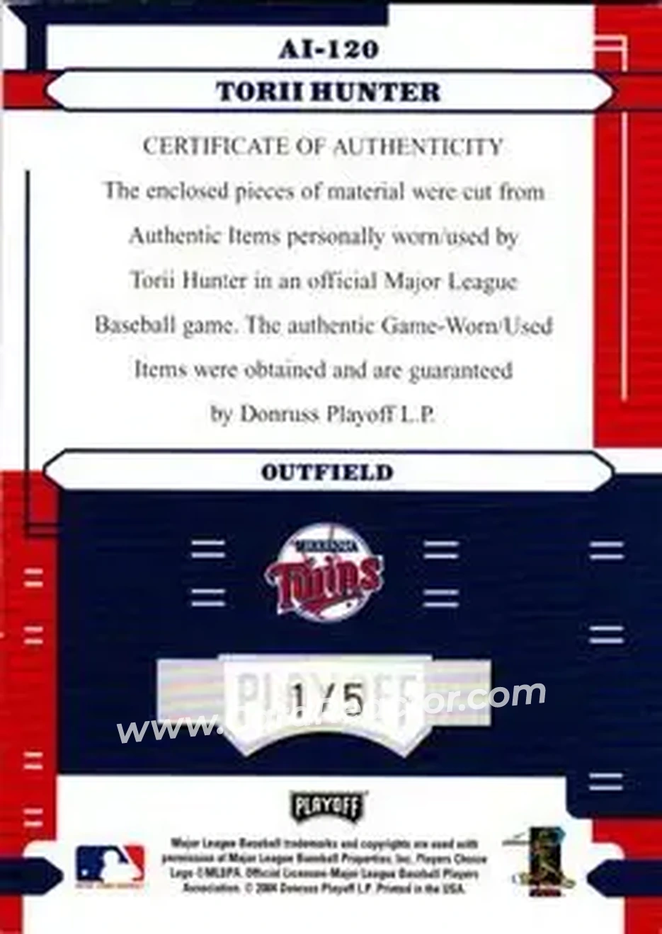 2004 Playoff Absolute Memorabilia - Absolutely Ink Combo Material PS #AI-120 - Torii Hunter - Minnesota Twins - Back 2004 Playoff Absolute Memorabilia - Absolutely Ink Combo Material PS #AI-120 - Torii Hunter - Minnesota Twins - Back