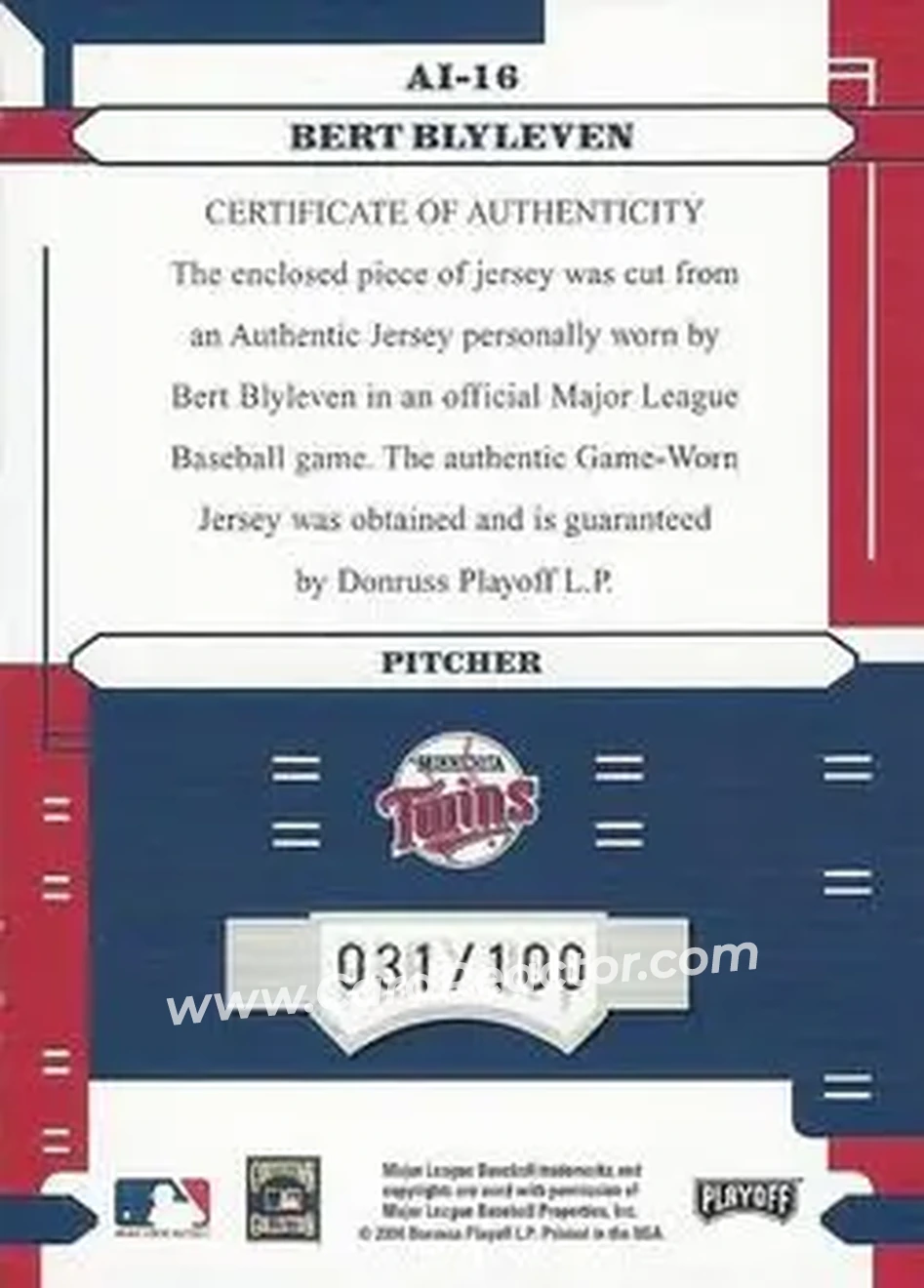 2004 Playoff Absolute Memorabilia - Absolutely Ink Material #AI-16 - Bert Blyleven - Minnesota Twins - Back 2004 Playoff Absolute Memorabilia - Absolutely Ink Material #AI-16 - Bert Blyleven - Minnesota Twins - Back