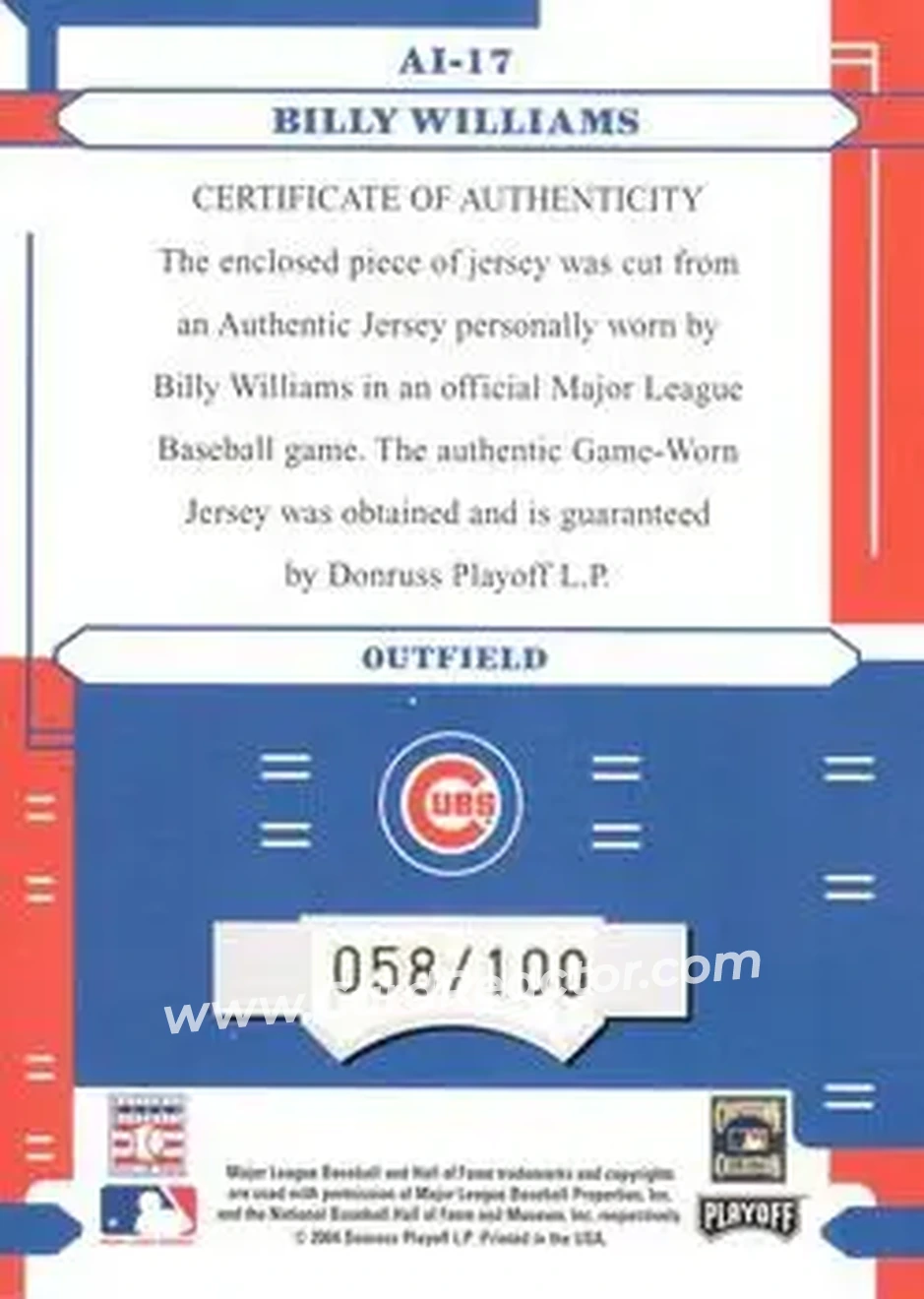 2004 Playoff Absolute Memorabilia - Absolutely Ink Material #AI-17 - Billy Williams - Chicago Cubs - Back