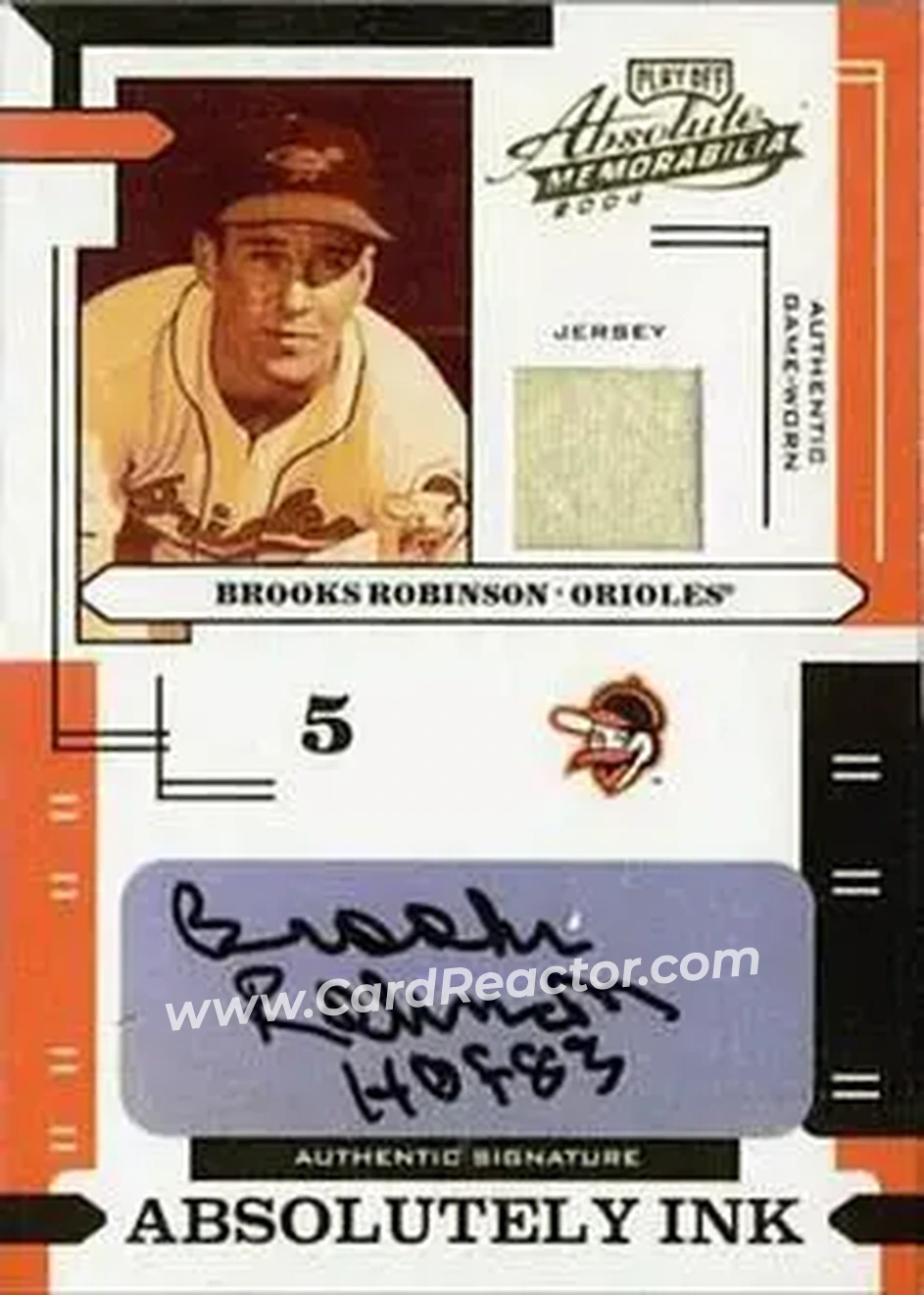 2004 Playoff Absolute Memorabilia - Absolutely Ink Material #AI-24 - Brooks Robinson - Baltimore Orioles - Front 2004 Playoff Absolute Memorabilia - Absolutely Ink Material #AI-24 - Brooks Robinson - Baltimore Orioles - Front