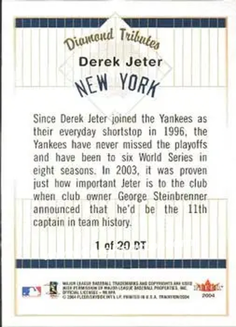 2004 Fleer Tradition - Diamond Tributes #1 DT - Derek Jeter - New York Yankees - Back