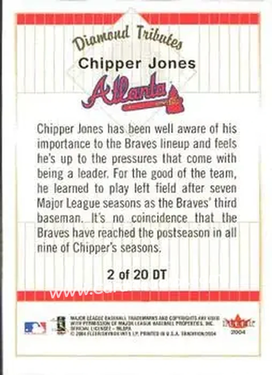 2004 Fleer Tradition - Diamond Tributes #2 DT - Chipper Jones - Atlanta Braves - Back