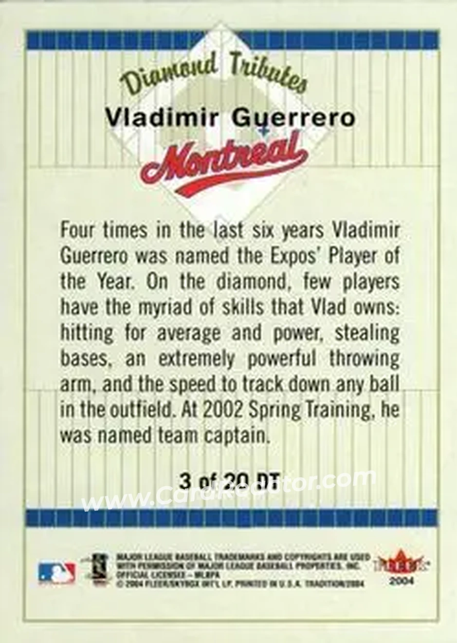 2004 Fleer Tradition - Diamond Tributes #3 DT - Vladimir Guerrero - Montreal Expos - Back